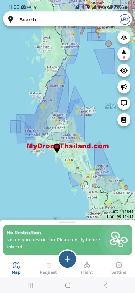 A map of the south of Thailand in the UAS Portal App with restricted zones for drones