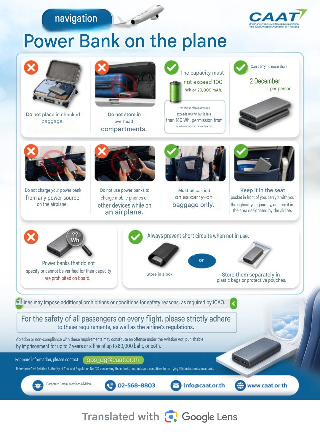 Infografik der CAAT zu Powerbanks in Flugzeugen